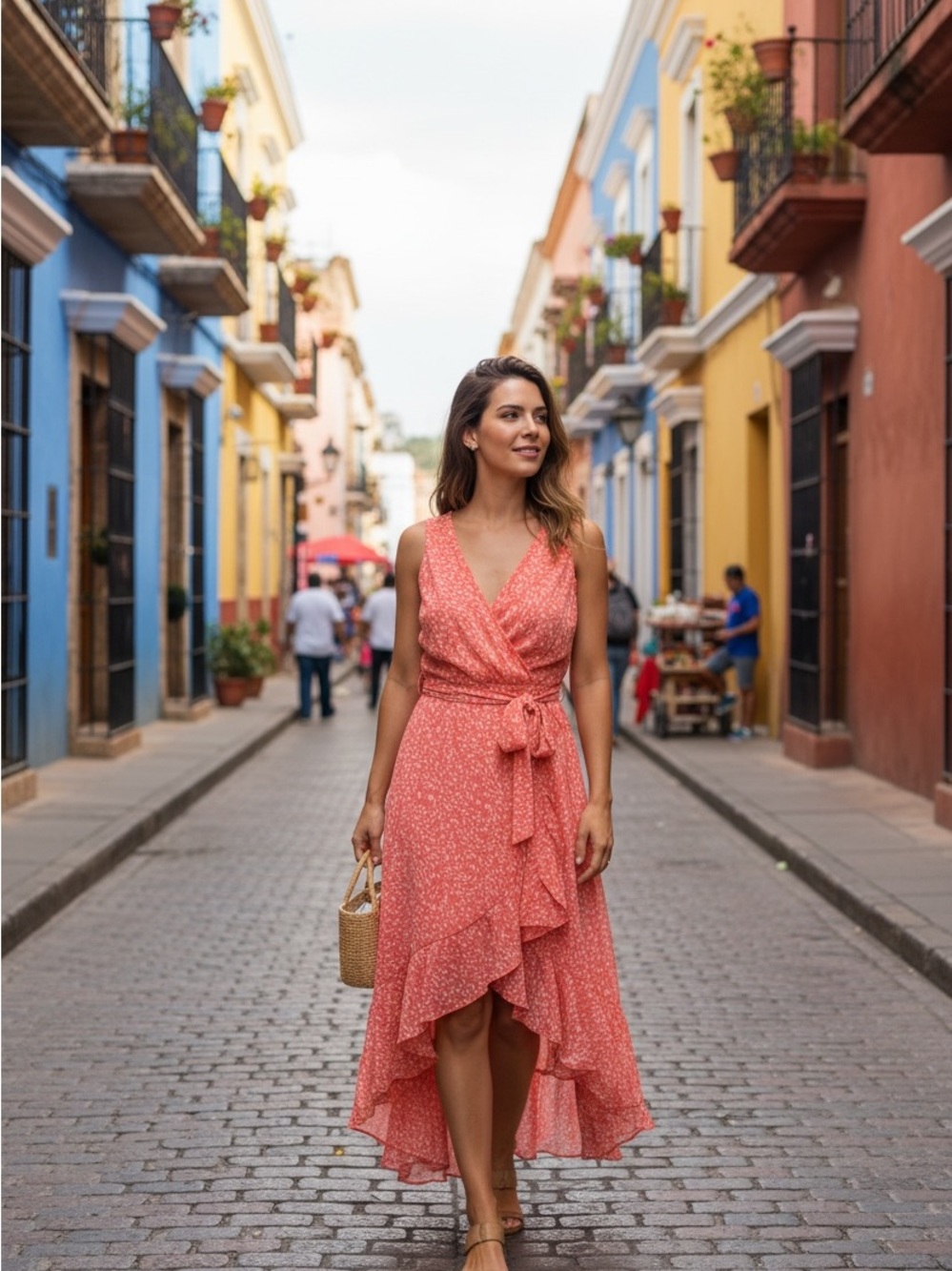 DKNY Coral Floral High-Low Wrap Maxi Dress - Picture 4 of 5